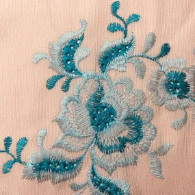 2 3/4 YD PC-Peach Embroidered Floral Textured Gauze Fabric