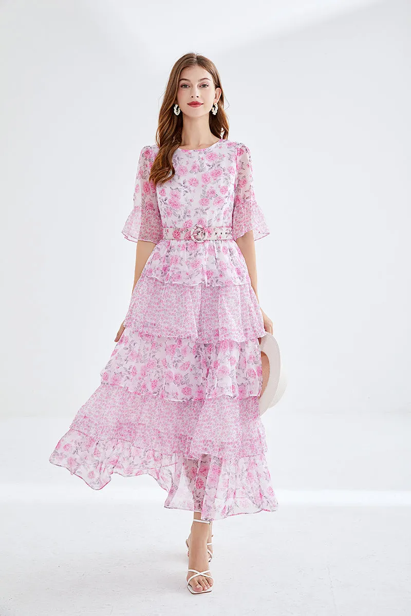 European and American high-end printed trumpet sleeves 5-layer cake dress