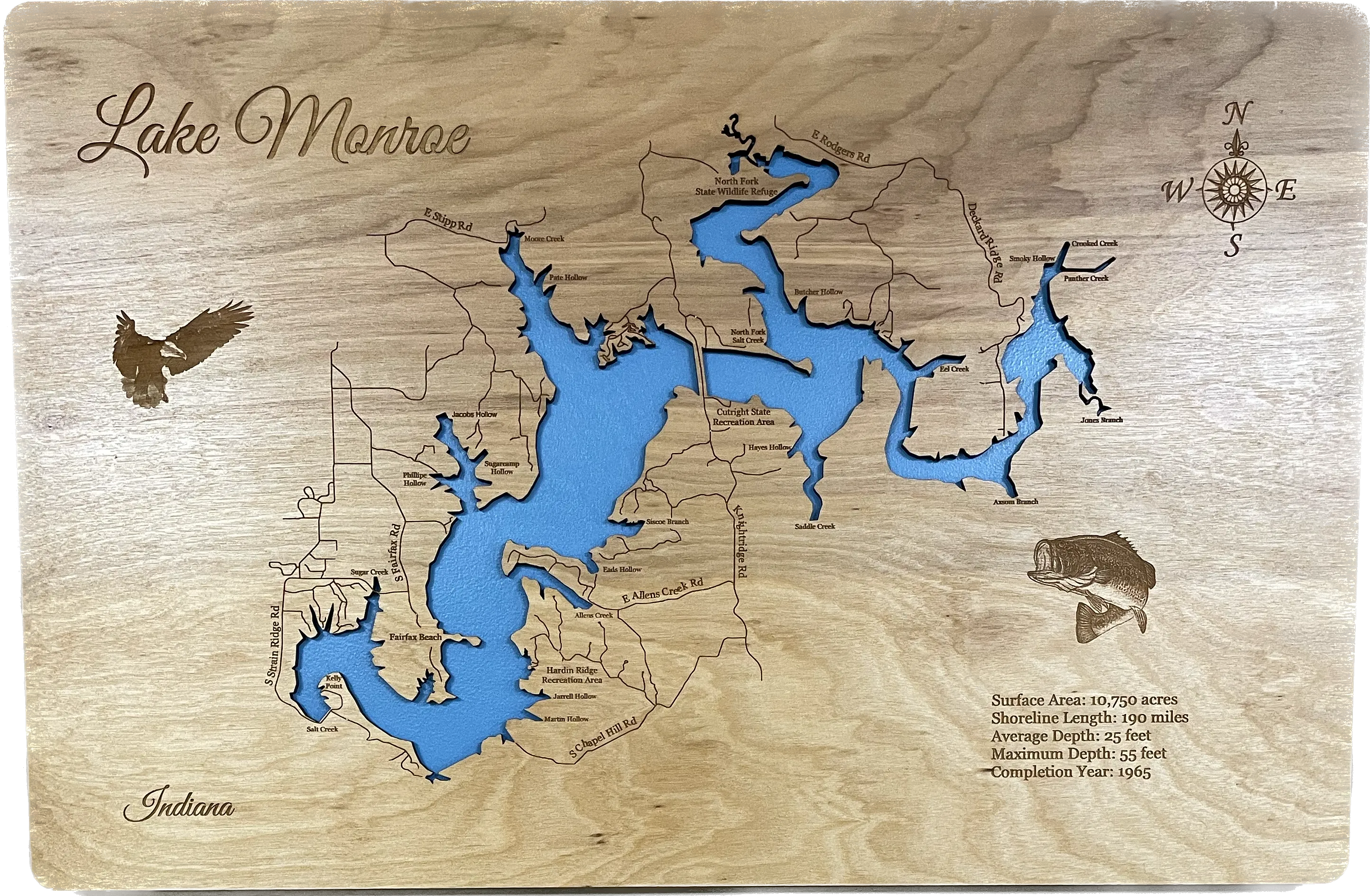 Lake Monroe, Indiana - Laser Engraved Wood Map Overflow Sale Special