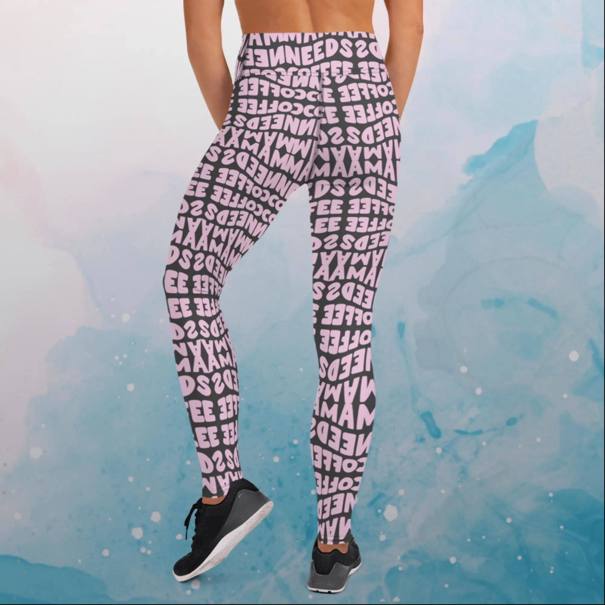 Momma Needs Coffee Pink and Grey High Waist Leggings