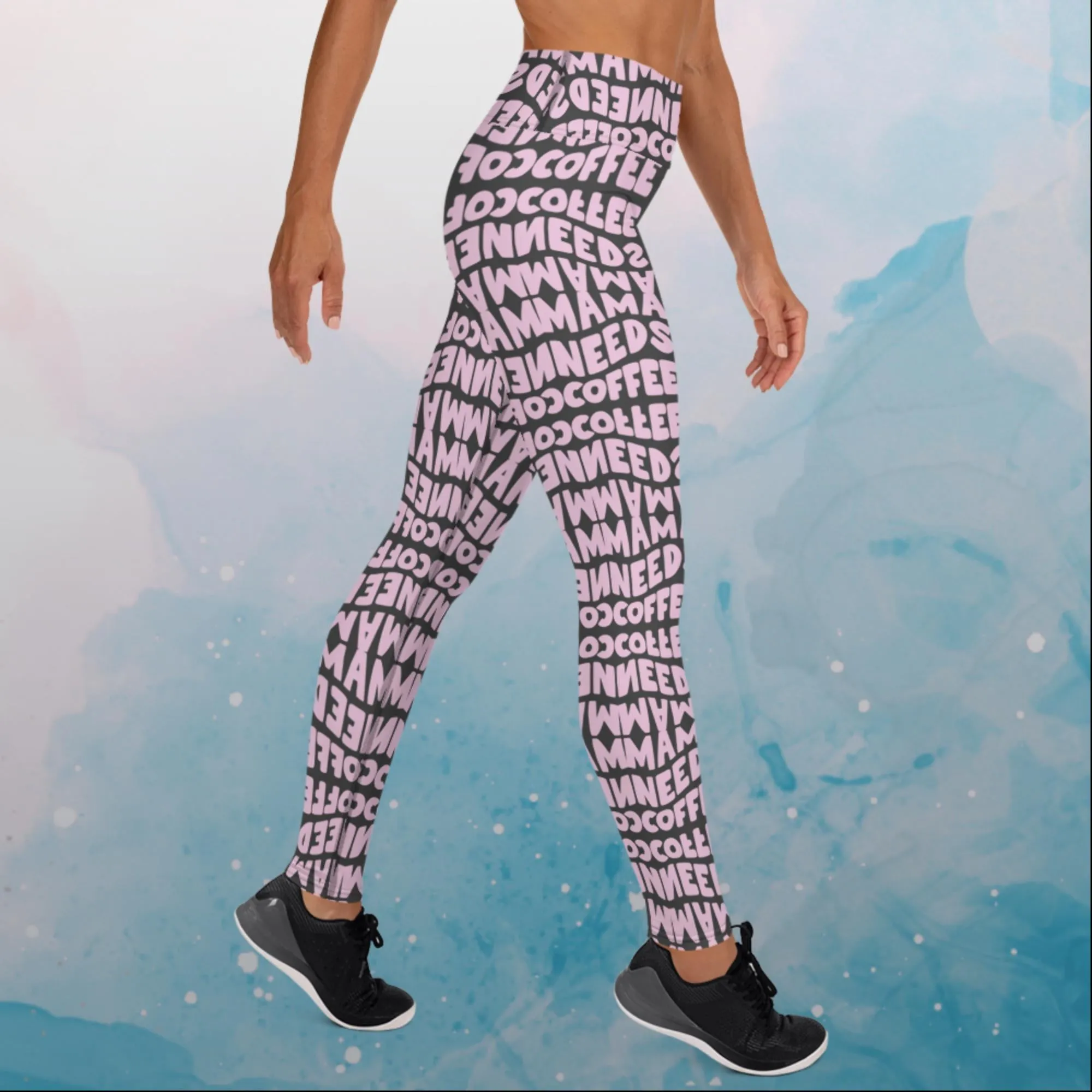 Momma Needs Coffee Pink and Grey High Waist Leggings