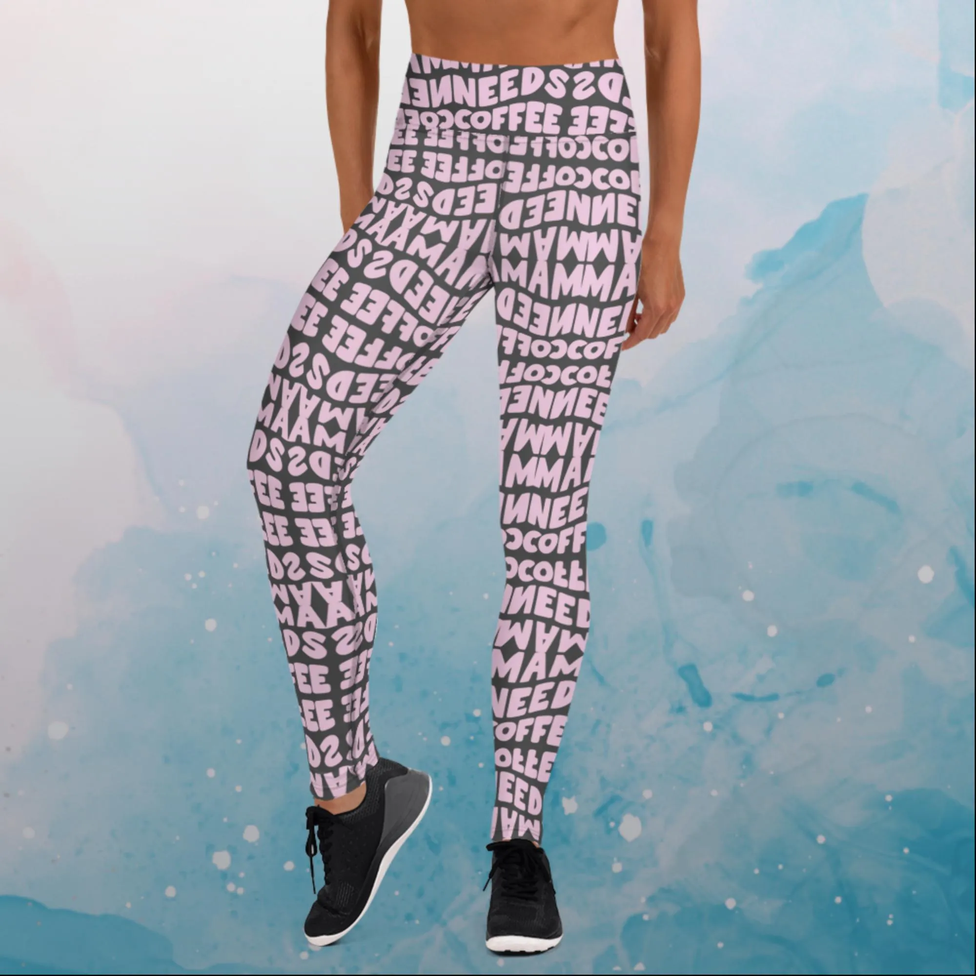 Momma Needs Coffee Pink and Grey High Waist Leggings