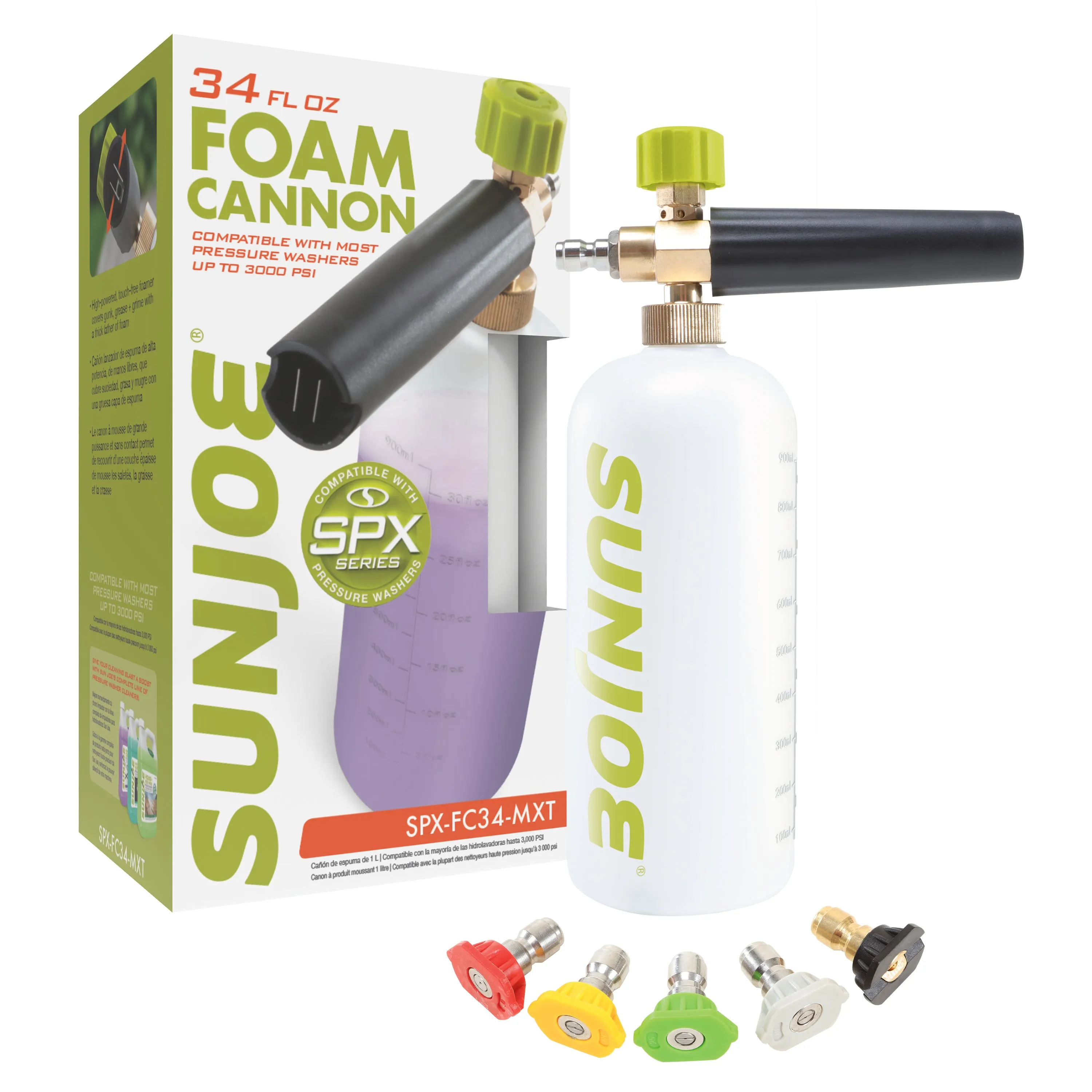 Sun Joe SPX-FC34-MXT Foam Cannon for SPX Series Electric Pressure Washers 34 Oz. | 1/4" Quick Connector | 5 Quick Connect Nozzle Tips